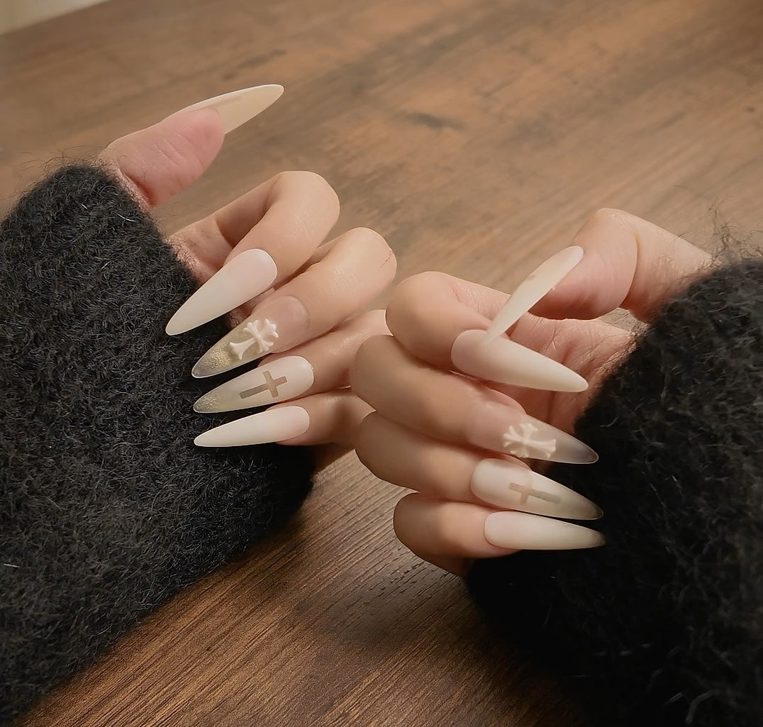 Moonlit Cross | Ivory Gothic Long Stiletto Press-On Nails